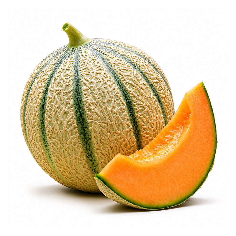 Melón Cantaloup entero con una rodaja de pulpa naranja sobre fondo blanco